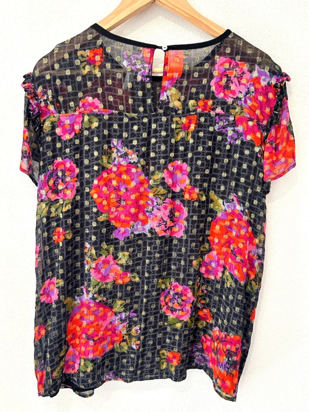 Anthropologie Fiorella Metallic Beaded Floral Polka Dot Top Boho Cottage Size 14 - Picture 7 of 10